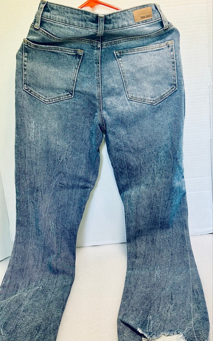 True Craft Blue Jeans, Medium Wash, Size 5.  Distressed, Ripped Hem. 27 Inseam.